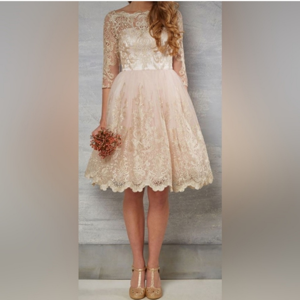 Nwt Chi Chi London Gilded Grace Lace Tea Dress Pink Tulle Lace 3/4 Sleeve Size 4
